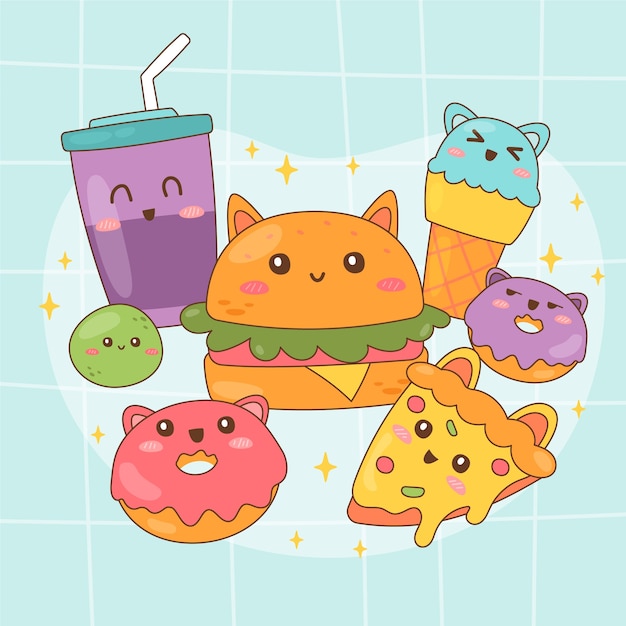 Conjunto de ilustración kawaii dibujado a mano