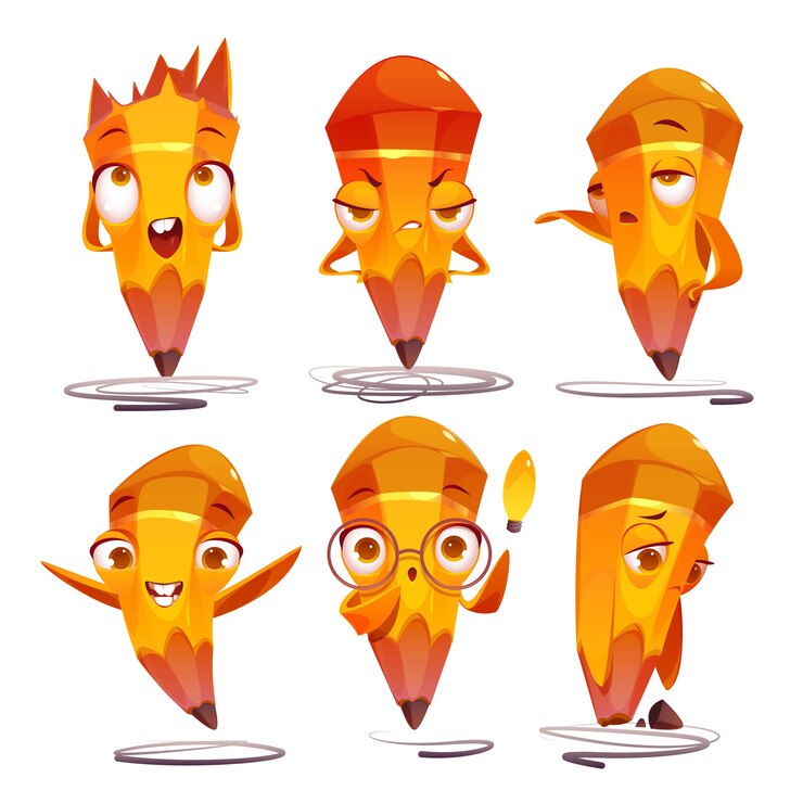 Vector gratuito conjunto de ilustración de lápiz de dibujos animados de moda