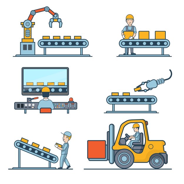 Conjunto de ilustración de máquinas de almacenamiento de almacén y transportador de fabricación industrial plana lineal. Concepto de proceso de producción empresarial. Embalaje, transporte, gestión en centro de control.