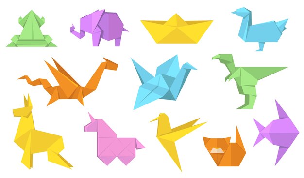 Conjunto de ilustración plana de animales de origami japonés. Caballo de papel poligonal de dibujos animados, liebre, pájaro, rana, pez y gato colección de ilustraciones vectoriales aisladas. Concepto moderno de pasatiempo y relajación.