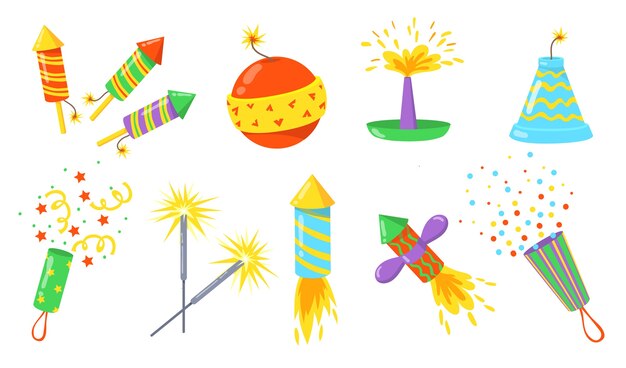 Conjunto de ilustración plana de coloridos petardos. Dibujos animados de bombas, cohetes y galletas con fusibles colección de ilustraciones vectoriales aisladas. Fuegos artificiales para concepto de vacaciones y celebración.