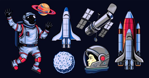 Conjunto de ilustración plana de espacio. Elementos cómicos coloreados de astronauta, transbordador espacial, Saturno y colección de ilustraciones vectoriales aisladas por satélite. Diseño de logotipo y concepto de universo.