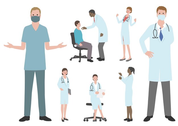 Conjunto de ilustración plana de médicos y enfermeras vectoriales aislado en un fondo blanco.