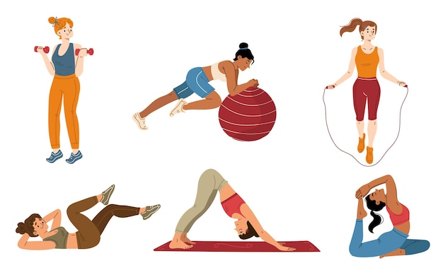 Conjunto de ilustración plana de mujeres jóvenes ejerciendo