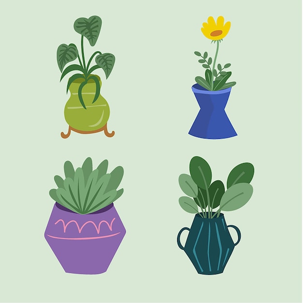 Conjunto de ilustración de planta de interior en maceta tropical