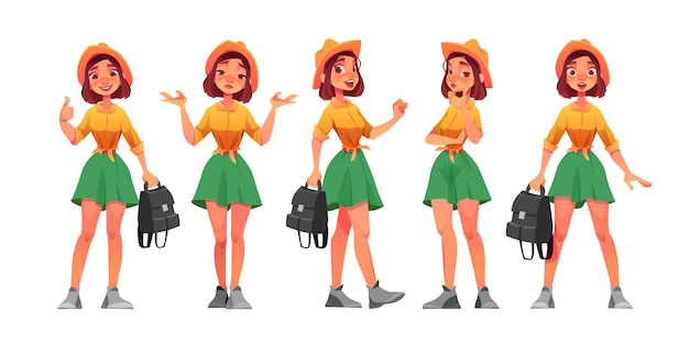 Conjunto de ilustración de pose de dibujos animados de personaje de mujer