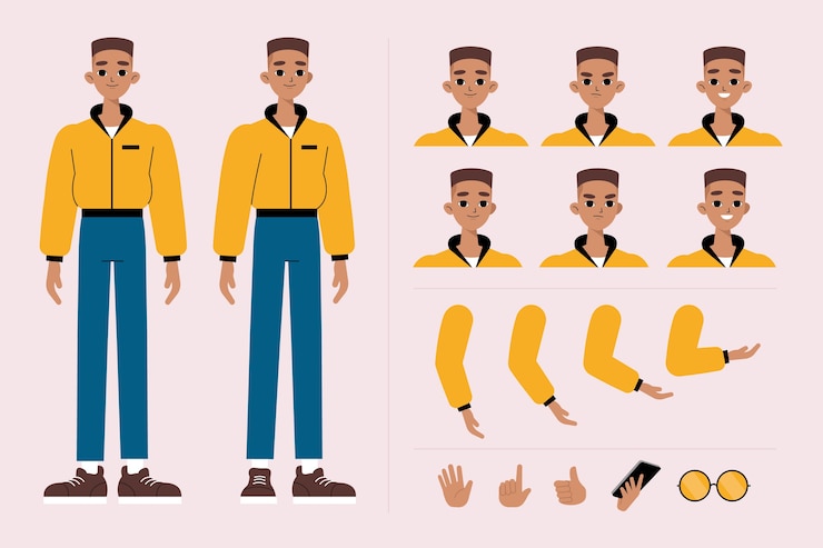 Vector gratuito conjunto de ilustración de poses de personaje masculino