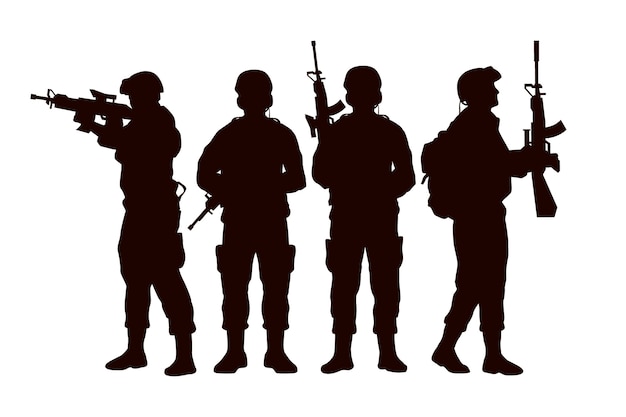 Conjunto de ilustración de silueta de soldado de diseño plano