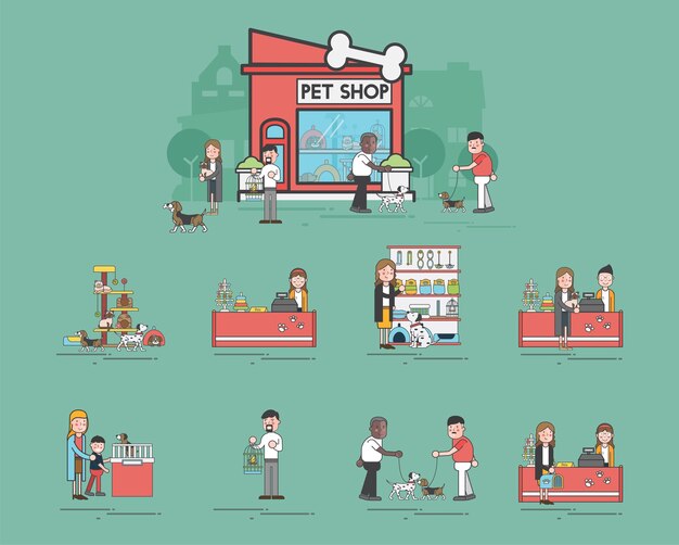 Conjunto de ilustración de tienda de mascotas