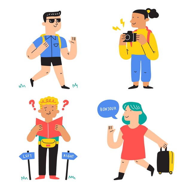 Conjunto de ilustración de turistas dibujados a mano