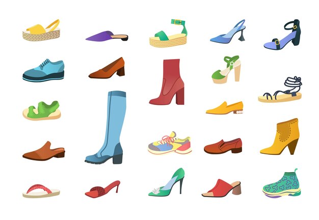 Conjunto de ilustración de vector de dibujos animados de calzado con estilo. Calzado elegante y casual, sandalias de verano de temporada, botas de otoño, zapatillas deportivas. Colección de zapatos planos y de tacón alto para hombre y mujer. Concepto de moda