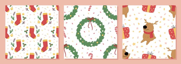 Conjunto de ilustración de vector de patrones sin fisuras de Navidad dibujados a mano orgánicos