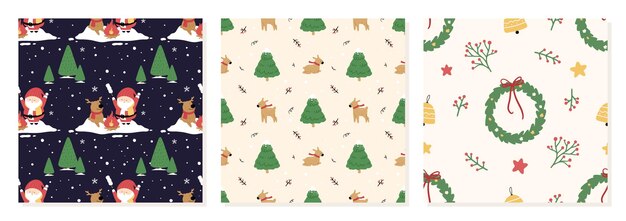 Conjunto de ilustración de vector de patrones sin fisuras de Navidad dibujados a mano orgánicos