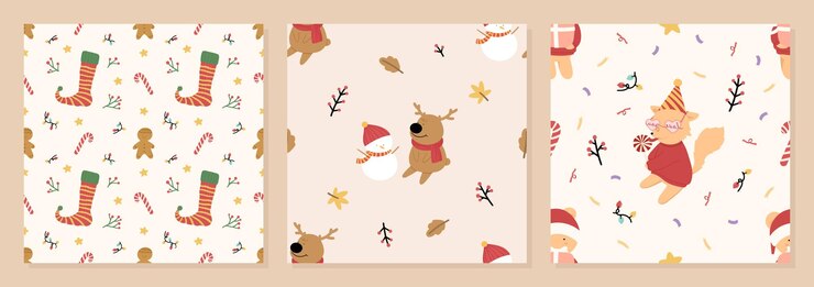 Vector gratuito conjunto de ilustración de vector de patrones sin fisuras de navidad dibujados a mano orgánicos