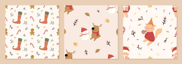 Conjunto de ilustración de vector de patrones sin fisuras de Navidad dibujados a mano orgánicos