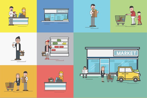 Conjunto de ilustración de vector de supermercado