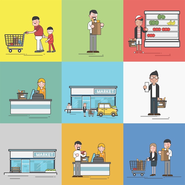 Conjunto de ilustración de vector de supermercado