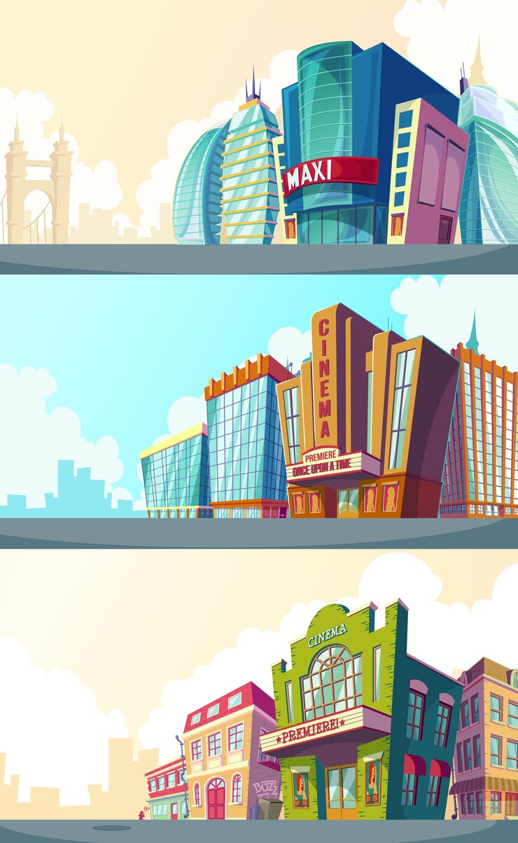 Vector gratuito conjunto de ilustración vectorial de dibujos animados de un paisaje urbano con los edificios de los viejos y modernos cines.