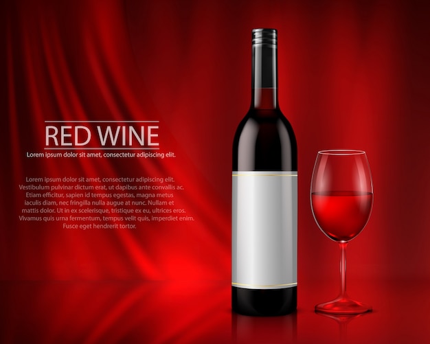 Conjunto de ilustración vectorial realista de botellas de vino de vidrio y vasos con vino blanco y rojo