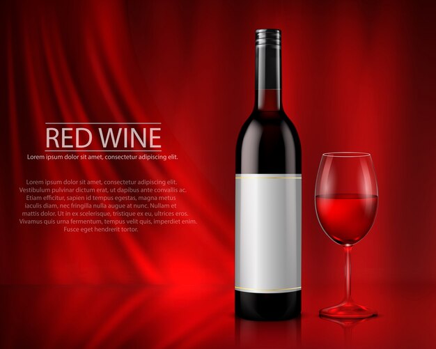 Conjunto de ilustración vectorial realista de botellas de vino de vidrio y vasos con vino blanco y rojo