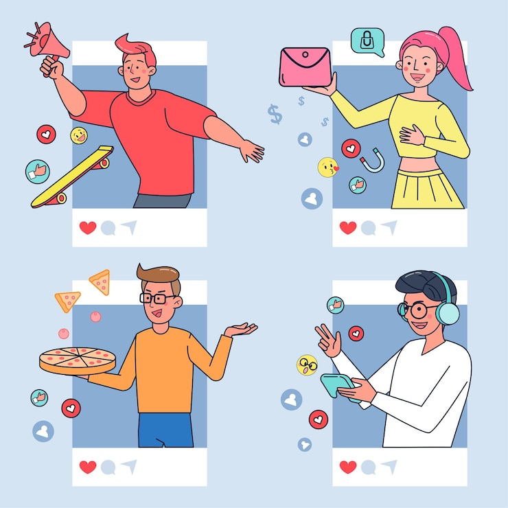 Vector gratuito conjunto de ilustración de vlogger de transmisión en vivo
