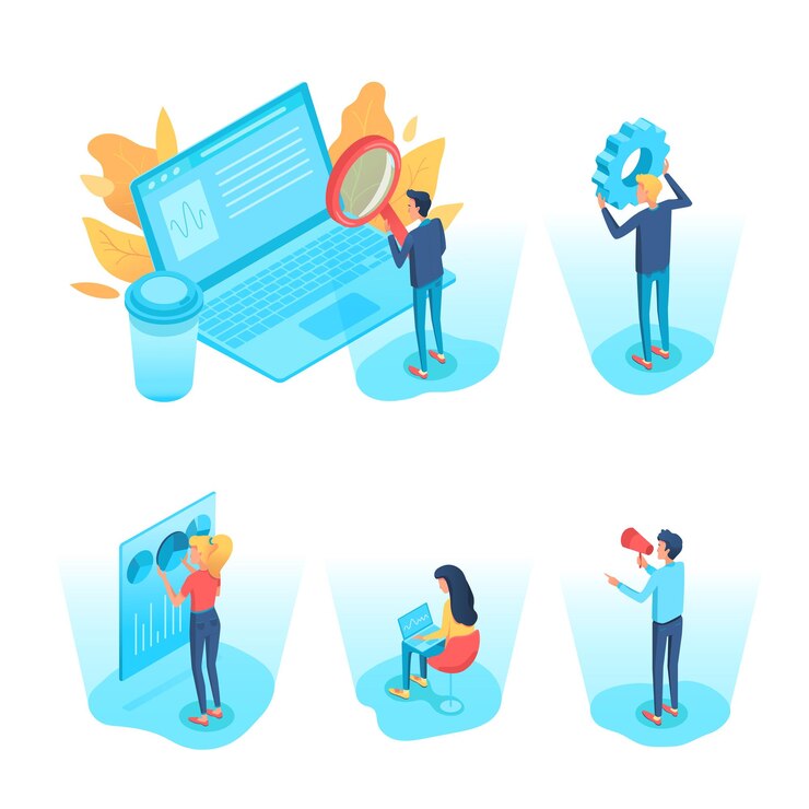 Vector gratuito conjunto de ilustraciones 3d isométricas de analistas de negocios métricas de conversión de comercio seo smm programador de publicidad digital desarrollador análisis del mercado de valores