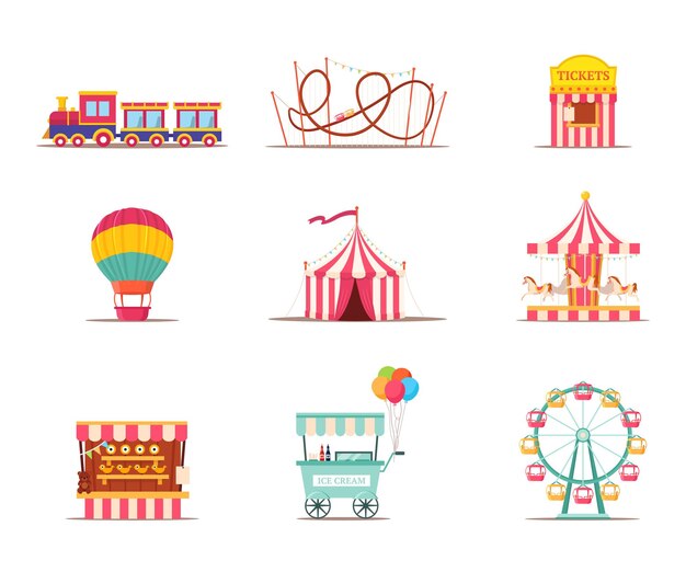 Conjunto de ilustraciones de atracciones del parque de atracciones Merry go round vintage carrusel montañas rusas rueda de la fortuna columpios feria carnaval festival cliparts pack