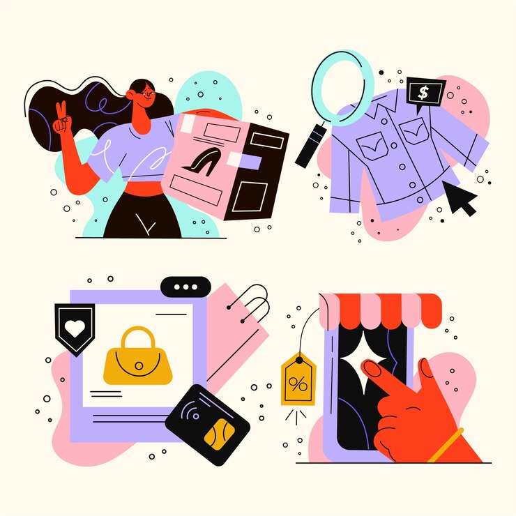 Vector gratuito conjunto de ilustraciones de compras en línea dibujadas a mano