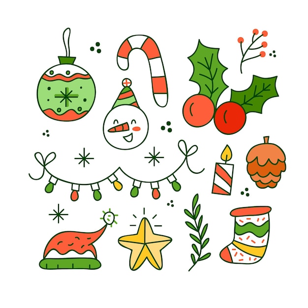 Vector gratuito conjunto de ilustraciones dibujadas a mano de elementos navideños