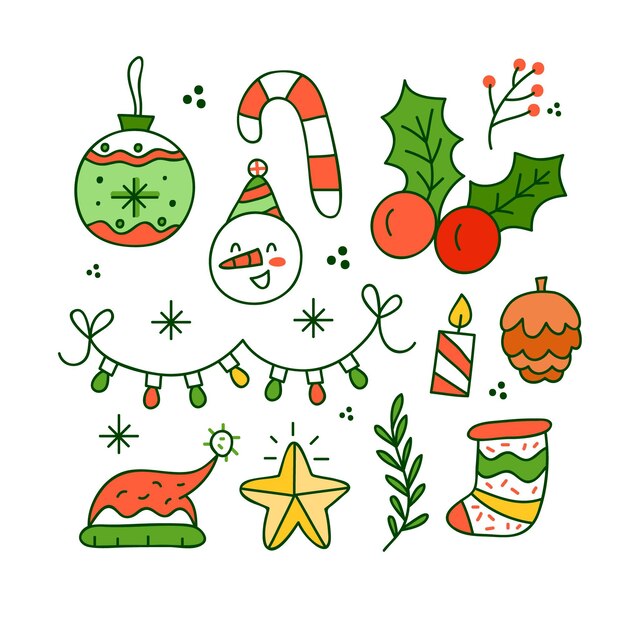 Conjunto de ilustraciones dibujadas a mano de elementos navideños