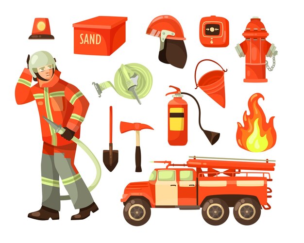 Conjunto de ilustraciones de dibujos animados de equipos de bomberos y extinción de incendios. Camión de bomberos, manguera, hidrante, extintor, casco, alarma, pala, arena aislada en fondo blanco. Departamento de emergencia, concepto de rescate