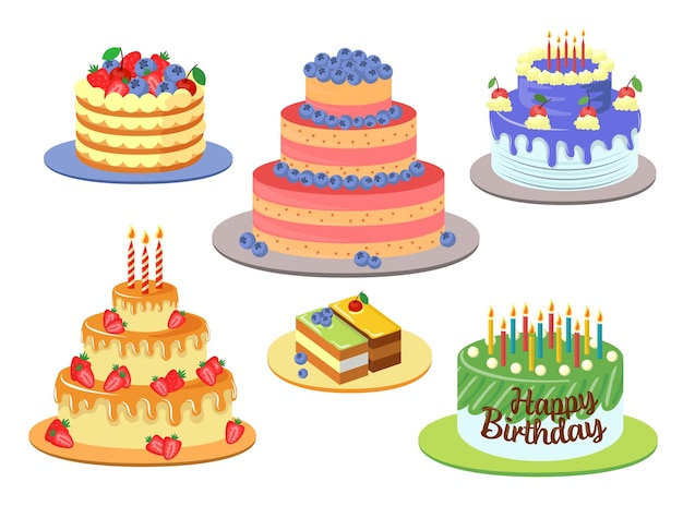 Conjunto de ilustraciones de diferentes pasteles de cumpleaños elegantes