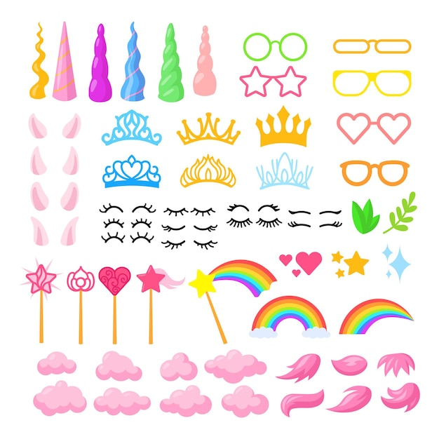 Conjunto de ilustraciones de elementos de unicornio de dibujos animados