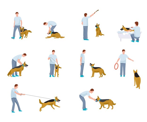 Conjunto de ilustraciones de entrenamiento de perros Hombre jugando con pastor alemán caminando con mascota