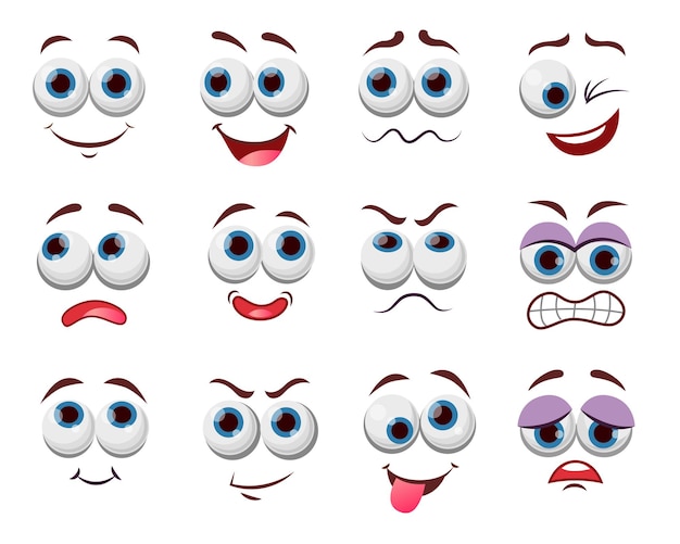Conjunto de ilustraciones de expresiones de cara cómica. Ojos y boca de personaje de dibujos animados lindo, divertido o enojado, emoticon con dibujos de sonrisa feliz aislados en blanco