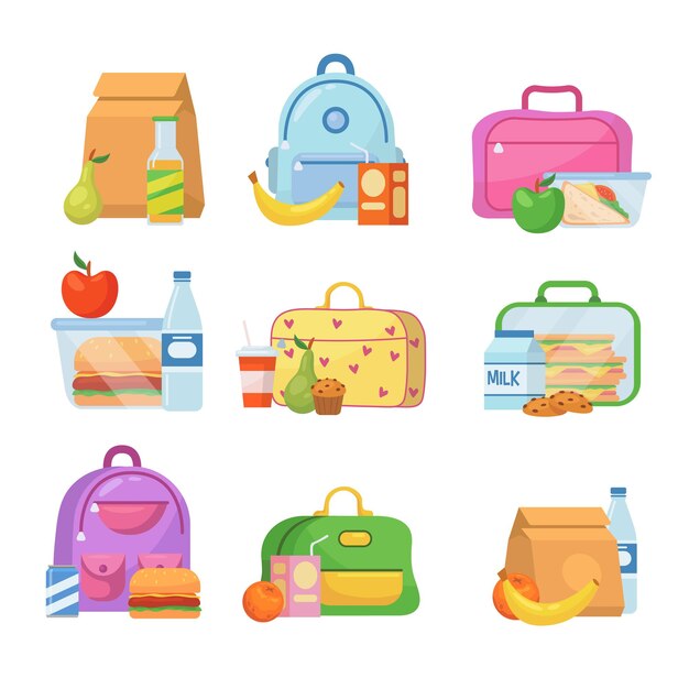 Conjunto de ilustraciones de fiambreras escolares para niños.