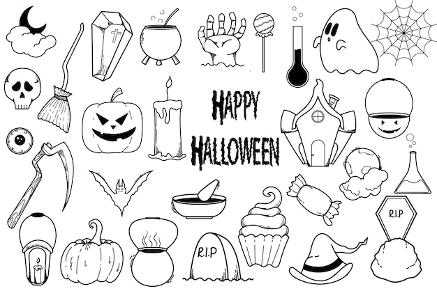 Vector gratuito conjunto de ilustraciones de garabatos dibujados a mano feliz halloween