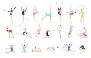 Vector gratuito conjunto de ilustraciones de gimnasia mujeres vestidas con equipo de gimnasia como pelota y cinta