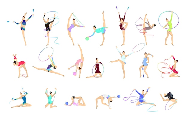 Conjunto de ilustraciones de gimnasia Mujeres vestidas con equipo de gimnasia como pelota y cinta