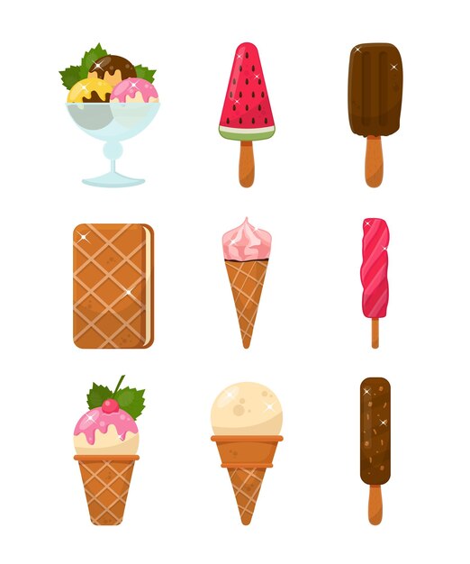 Conjunto de ilustraciones de helados dulces varios deliciosos paquetes de helados Refresco sabroso Postre helado helado Colección de helado cremoso Cono de galleta Taza de oblea de vainilla
