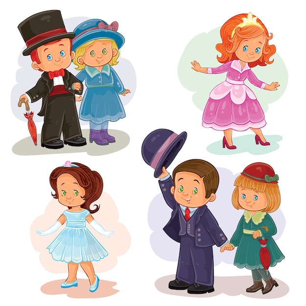 Vector gratuito conjunto de ilustraciones de imágenes prediseñadas con niños pequeños en trajes históricos