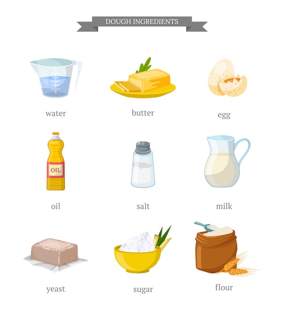 Conjunto de ilustraciones de ingredientes de masa agua mantequilla y huevos aceite sal y leche repostería casera componentes de cocina levadura azúcar y harina