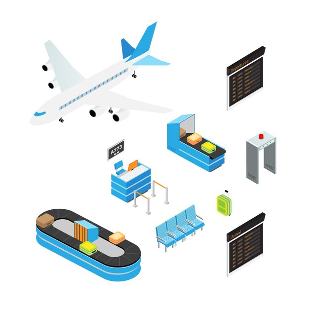 Conjunto de ilustraciones isométricas del aeropuerto Maleta turística de avión Paquete de cliparts aislados 3d Terminal del aeropuerto Asientos de la sala de salida Control de seguridad Escáner de rayos x Puertas detectoras de metales