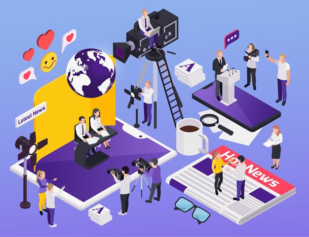 Conjunto de ilustraciones isométricas de medios de comunicación de periodistas de journalistis