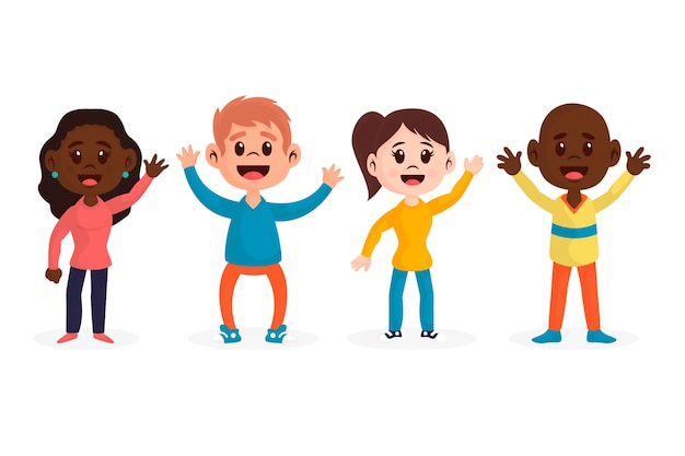 Conjunto de ilustraciones de jóvenes agitando la mano