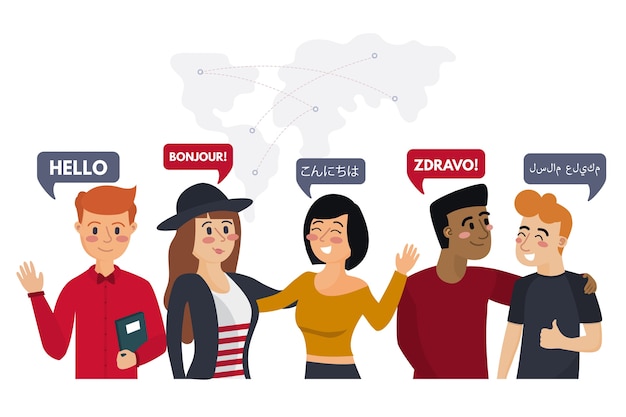 Vector gratuito conjunto de ilustraciones de jóvenes hablando en diferentes idiomas
