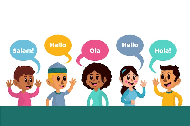 Conjunto de ilustraciones de jóvenes hablando en diferentes idiomas
