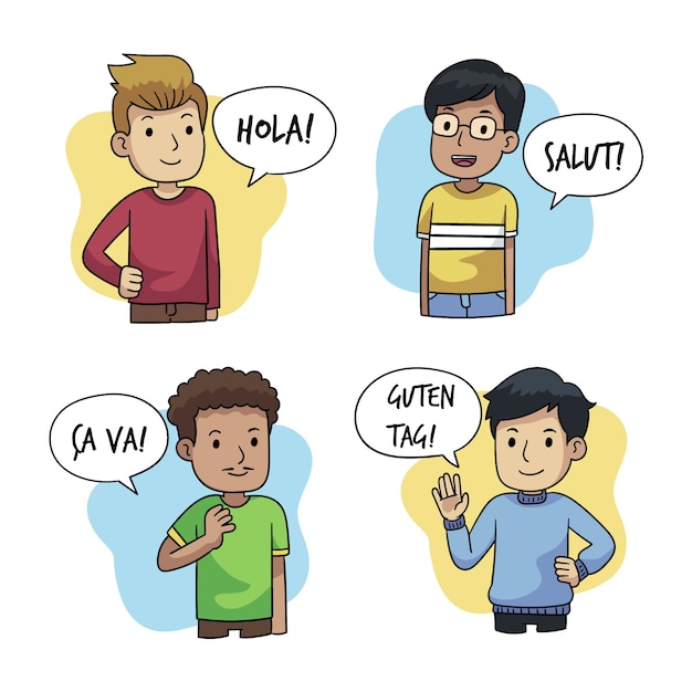 Vector gratuito conjunto de ilustraciones de jóvenes hablando en diferentes idiomas