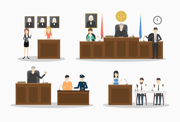 Vector gratuito conjunto de ilustraciones judiciales abogados y testigos judje y policía sobre fondo blanco.