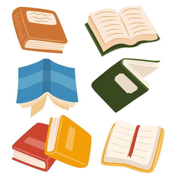 Vector gratuito un conjunto de ilustraciones de libros vectoriales para varios documentos, materiales didácticos, publicaciones y tarjetas de invitación, libros abiertos y cerrados con un icono de estilo diferente